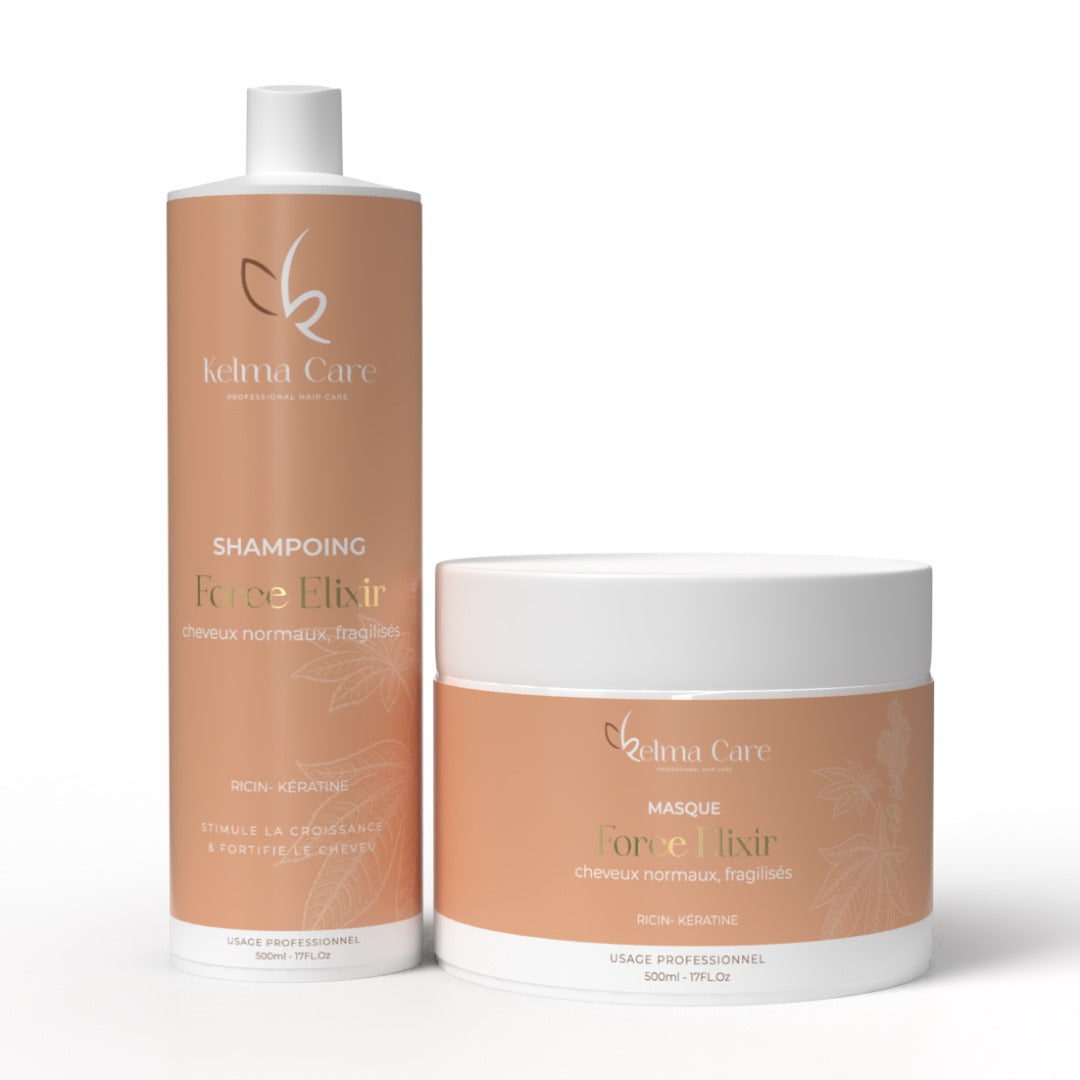 Shampoing et masque Force elixir huile de ricin et kératine; Produits aux formules exclusifs à base de produits naturels